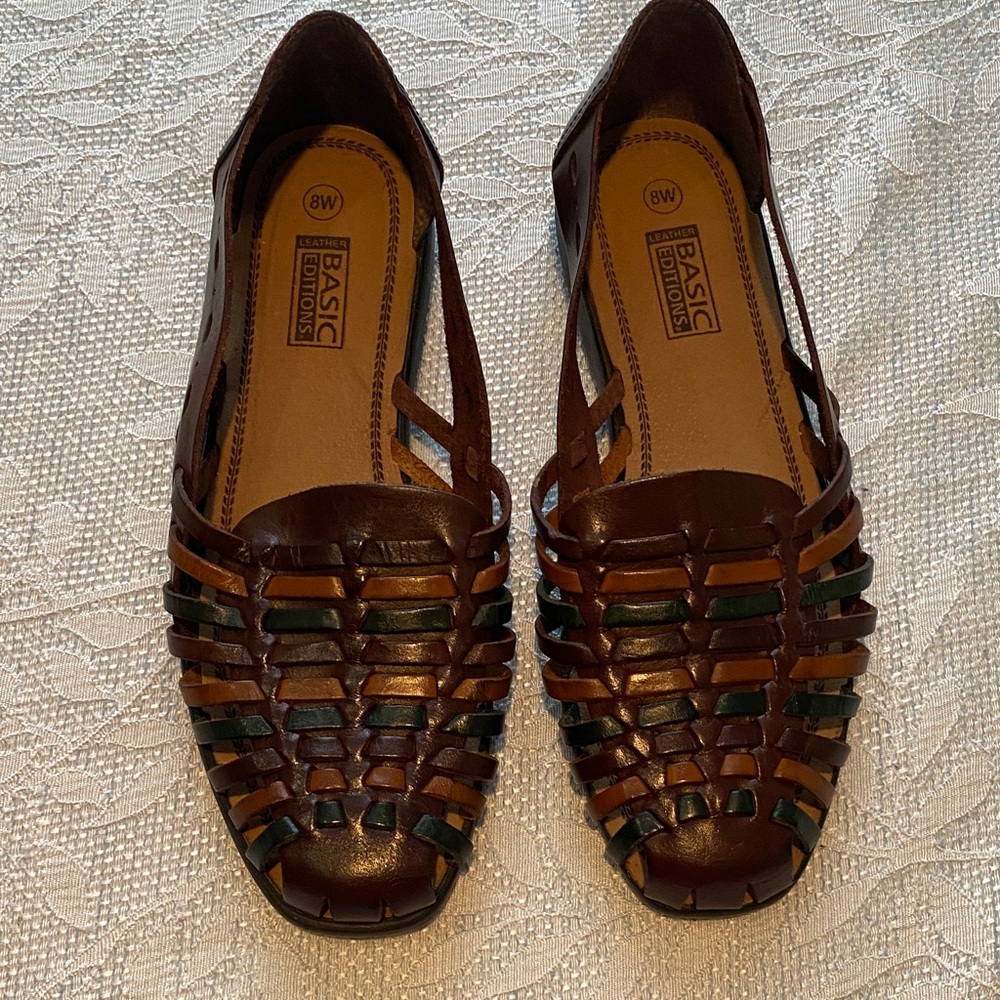 Basic Editions Brown and Green Woven Leather Moccasins